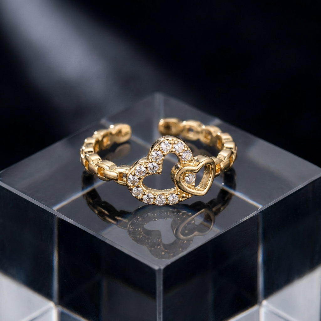 Adjustable Interlocking Heart Ring with CZ Accents