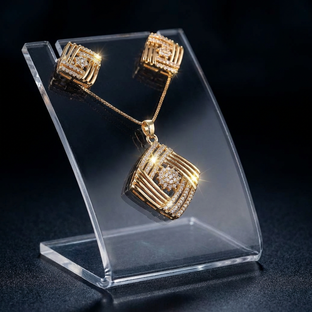 Geometric Square Pendant Set with Studs