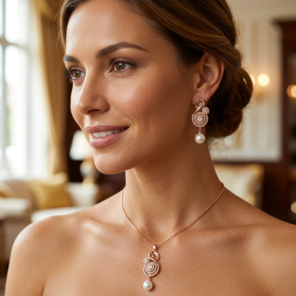 Abstract Swirl Pendant Set with Pearl Drop