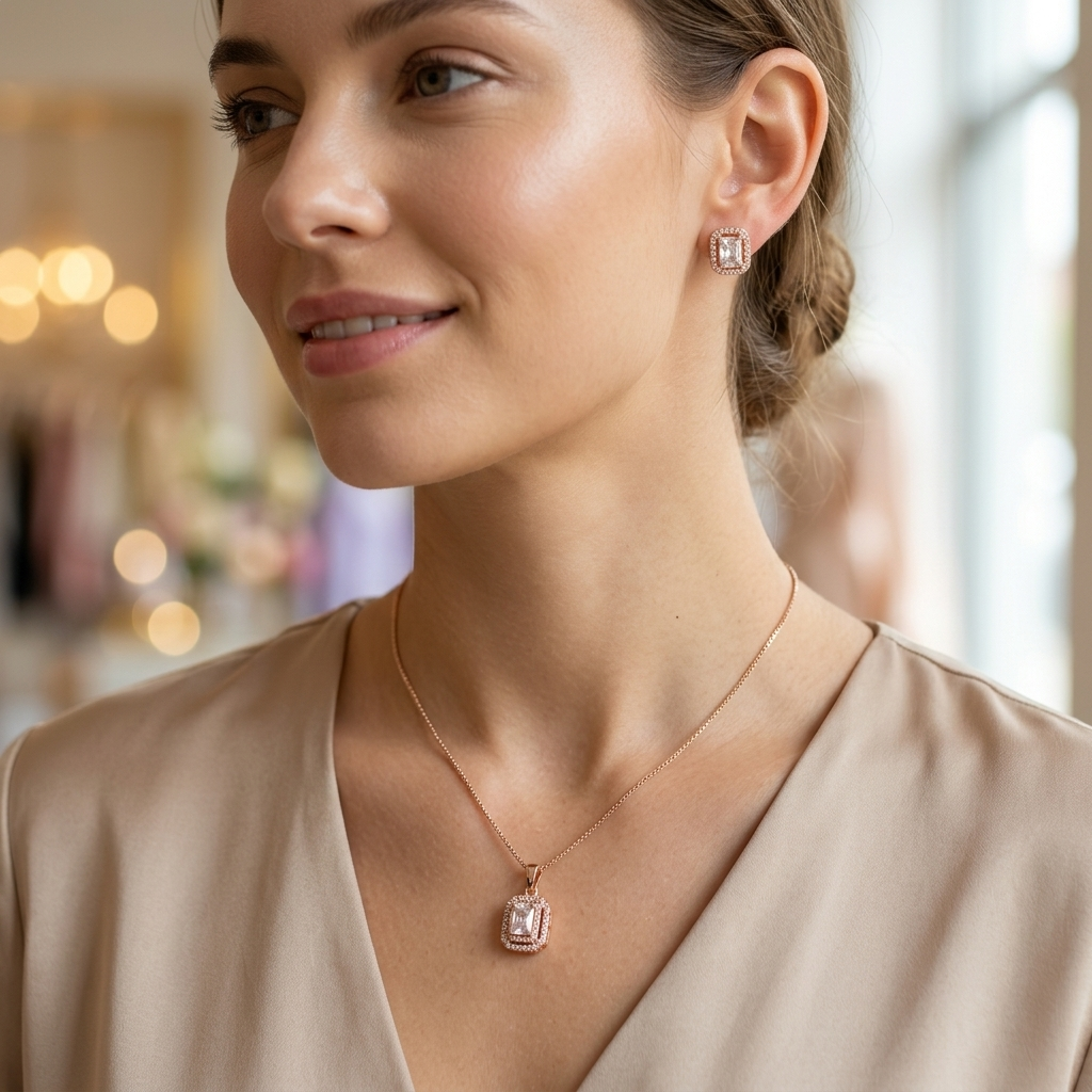 Emerald-Cut Pendant Set with Halo Detail