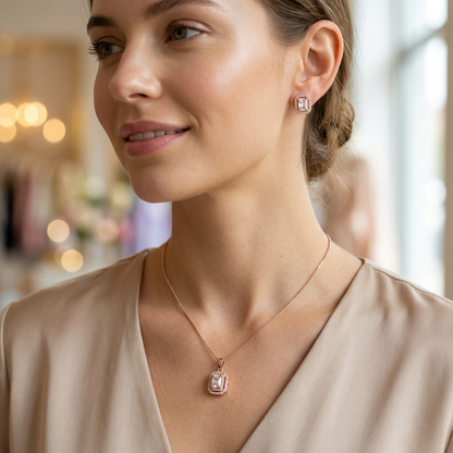 Emerald-Cut Pendant Set with Halo Detail