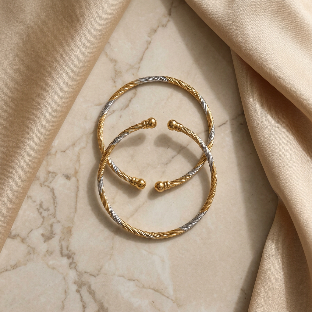 Dual-Tone Spiral Design Open-Ended Bracelet Set