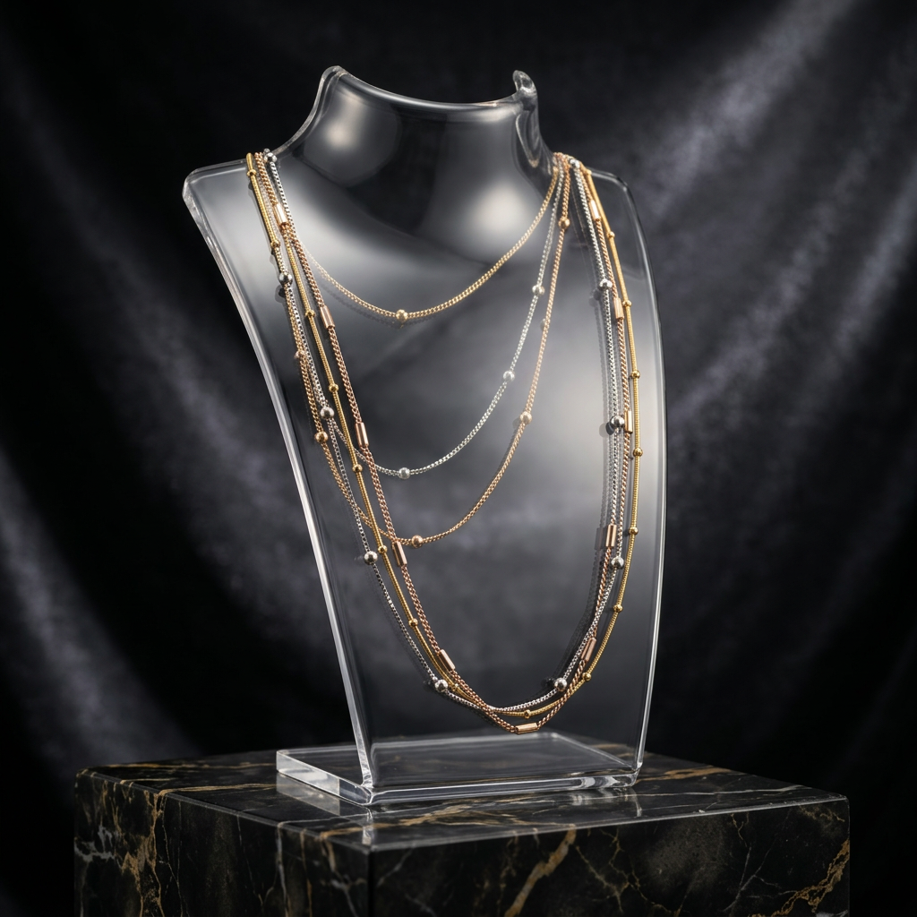 Tri Tone Multi Layered Chain Necklace with Bead Accents
