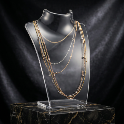 Tri Tone Multi Layered Chain Necklace with Bead Accents