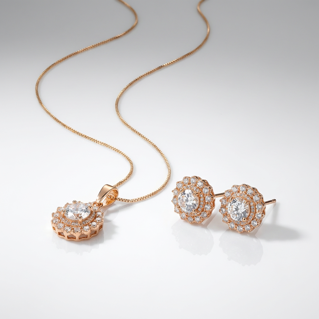 Plated Floral Pendant Set with Flower Stud Earrings