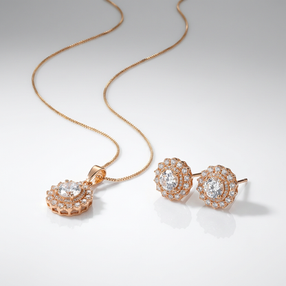 Plated Floral Pendant Set with Flower Stud Earrings