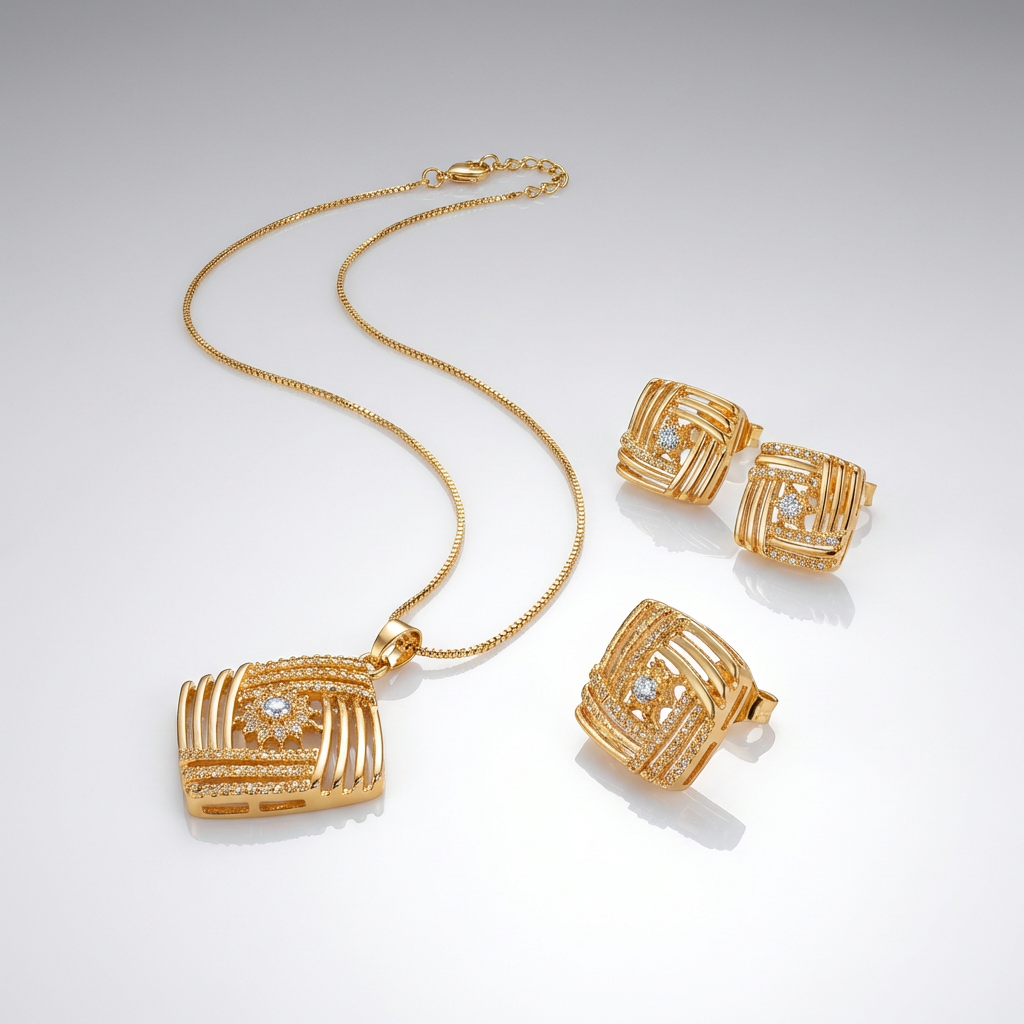 Geometric Square Pendant Set with Studs