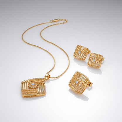 Geometric Square Pendant Set with Studs