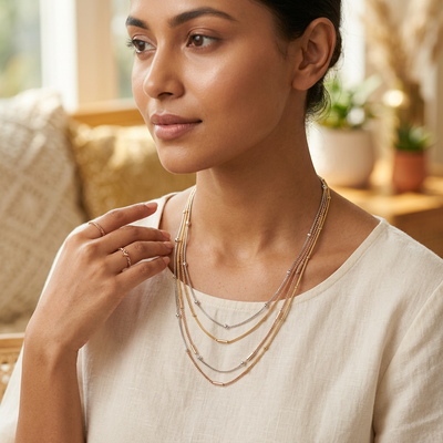 Tri Tone Multi Layered Chain Necklace with Bead Accents