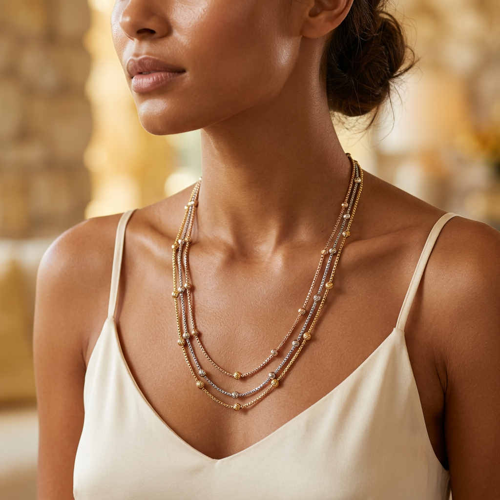 Tri Tone Three Layer Beaded Chain Necklace