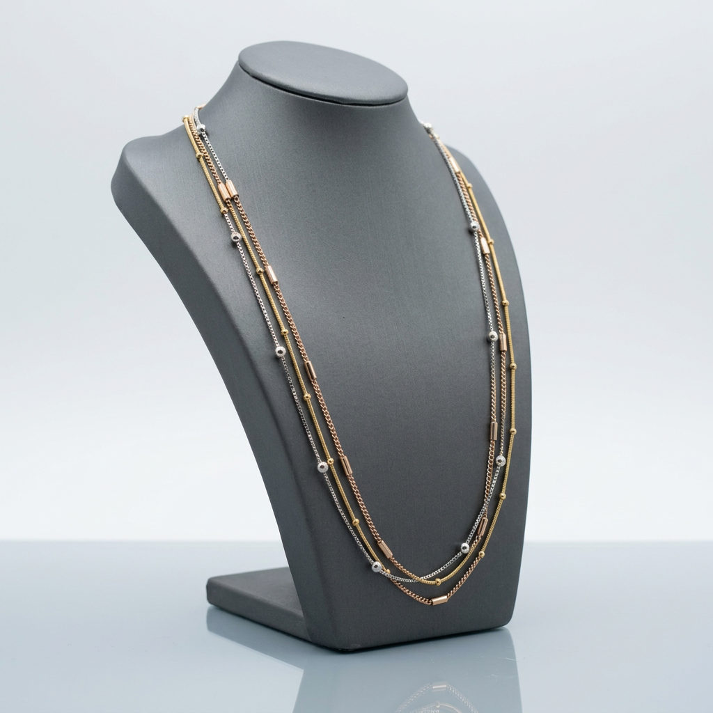 Tri Tone Multi Layered Chain Necklace with Bead Accents