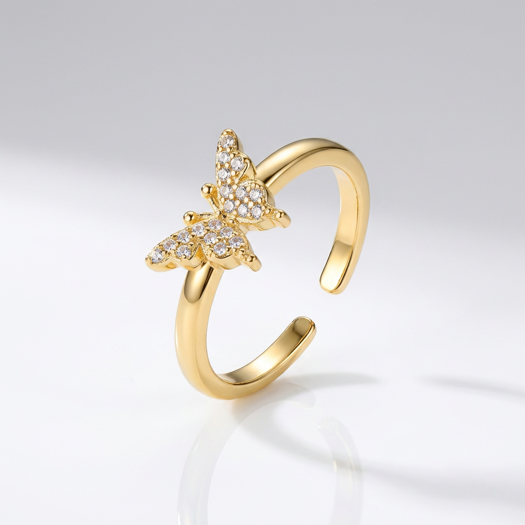 Adjustable Crystal Butterfly Ring with CZ Pave Design