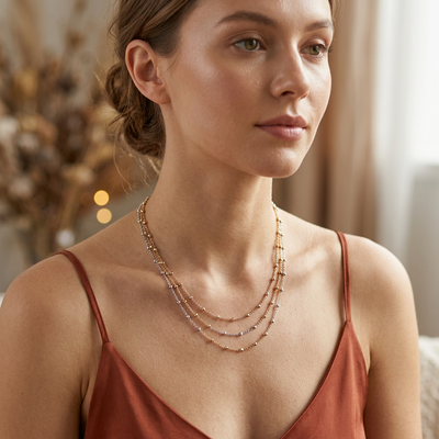 Tri Tone Multi Layered Beaded Chain Necklace