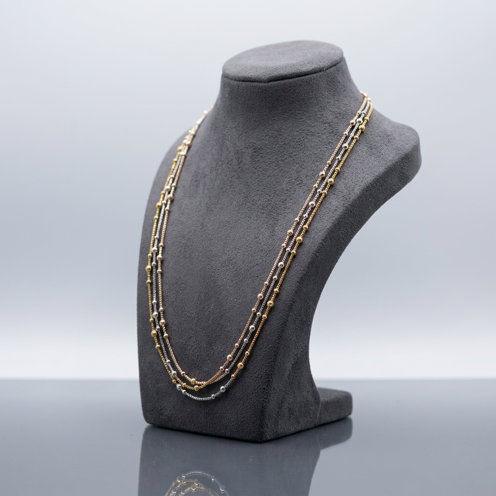 Tri Tone Three Layer Beaded Chain Necklace