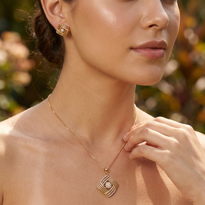Geometric Square Pendant Set with Studs