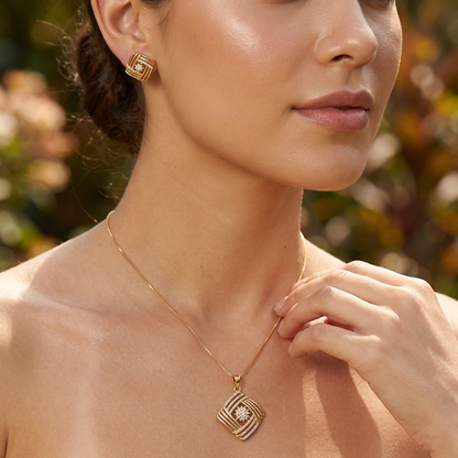 Geometric Square Pendant Set with Studs