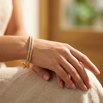 Dual-Tone Spiral Design Open-Ended Bracelet Set