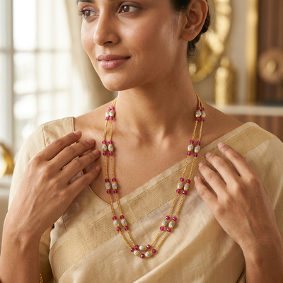 Double Layered Ruby Bead and CZ Necklace