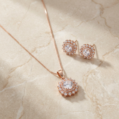 Plated Floral Pendant Set with Flower Stud Earrings