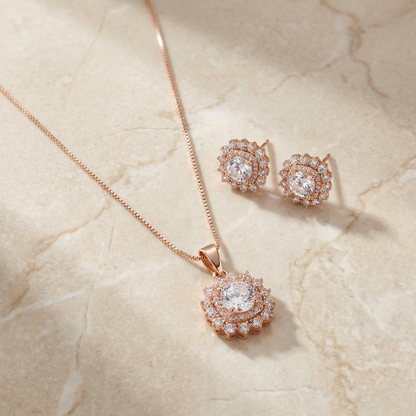 Plated Floral Pendant Set with Flower Stud Earrings