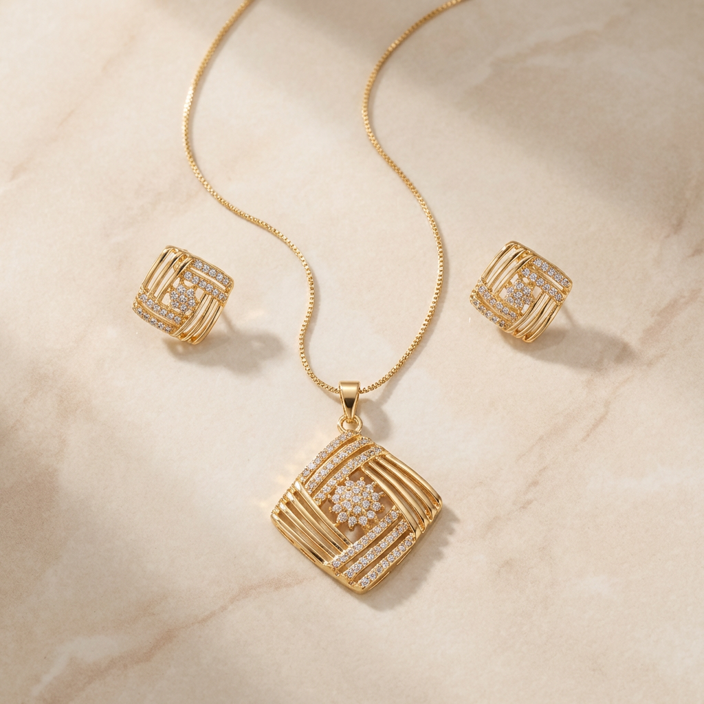 Geometric Square Pendant Set with Studs