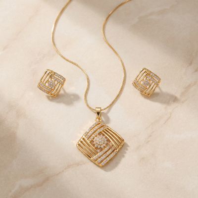 Geometric Square Pendant Set with Studs