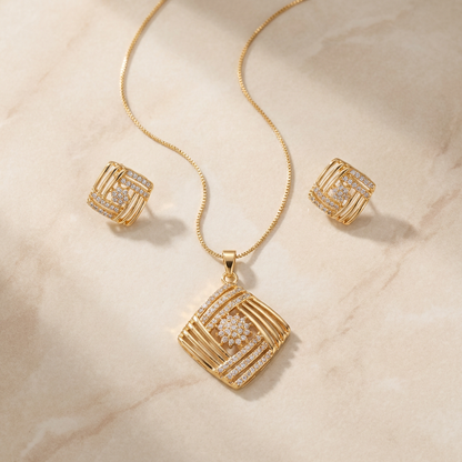 Geometric Square Pendant Set with Studs