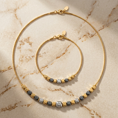 Dual Tone Beaded Necklace and Bracelet Set