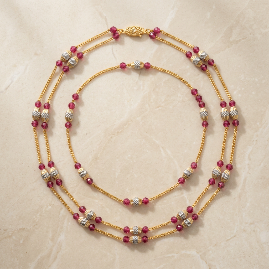 Double Layered Ruby Bead and CZ Necklace