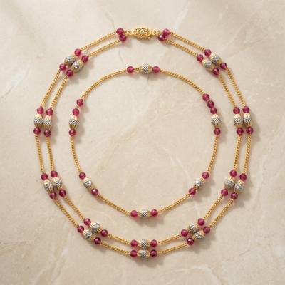Double Layered Ruby Bead and CZ Necklace