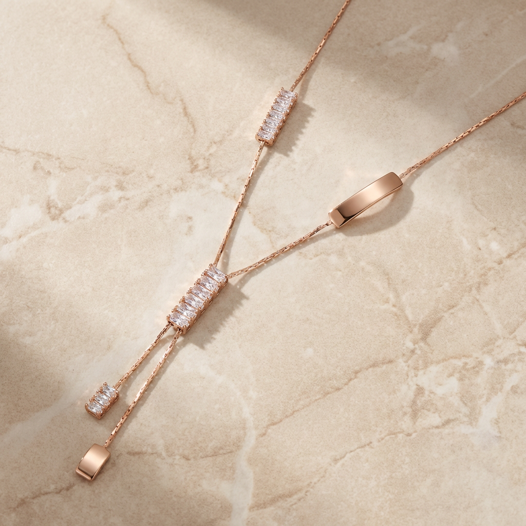 Geometric Baguette Lariat Necklace with Asymmetrical Design
