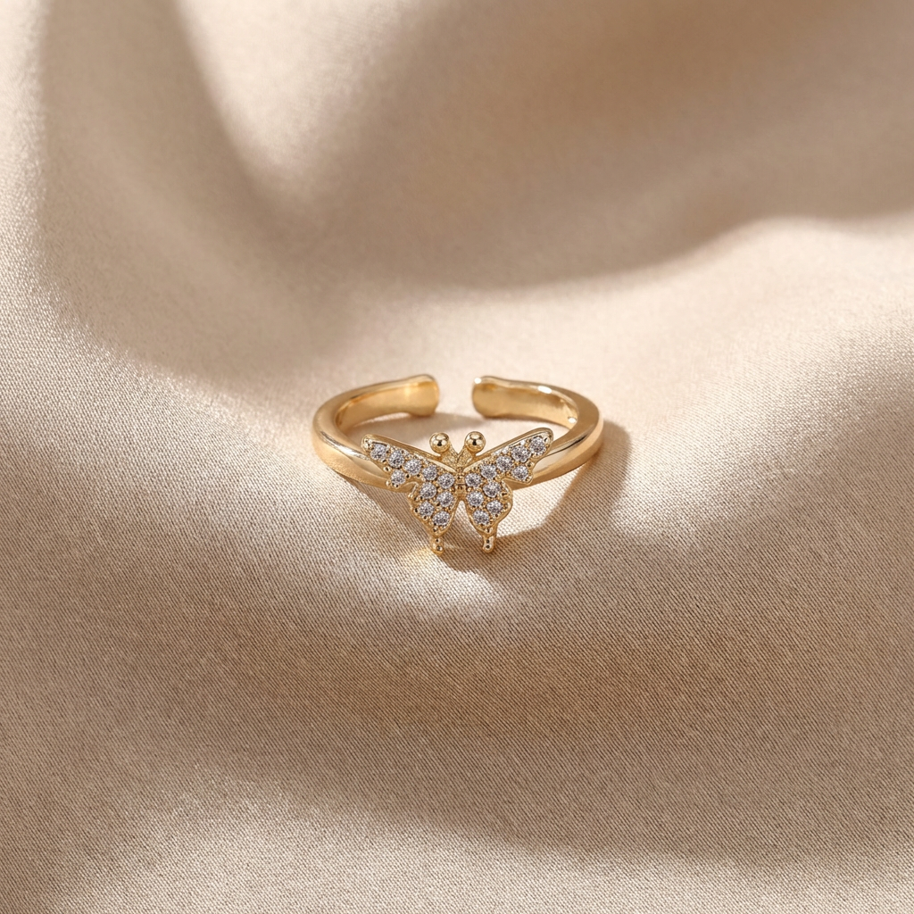 Adjustable Crystal Butterfly Ring with CZ Pave Design