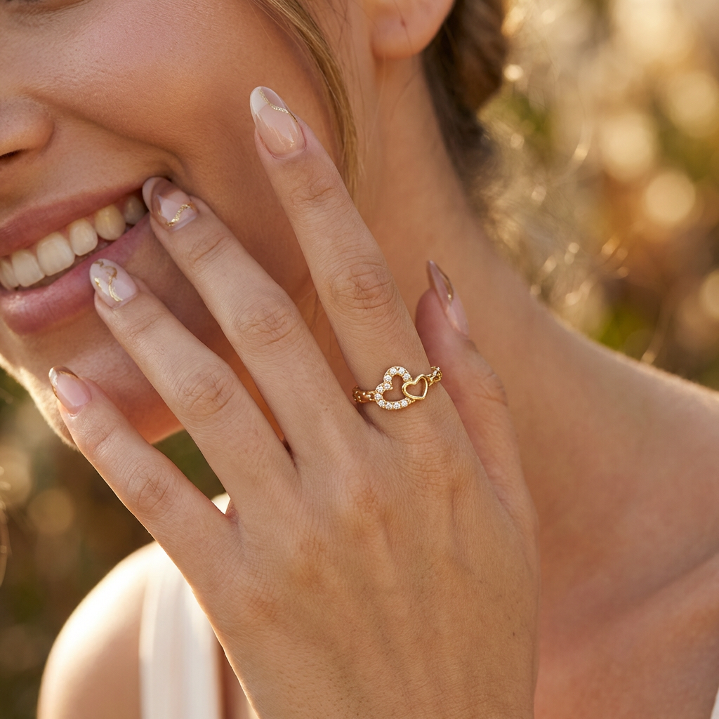 Adjustable Interlocking Heart Ring with CZ Accents