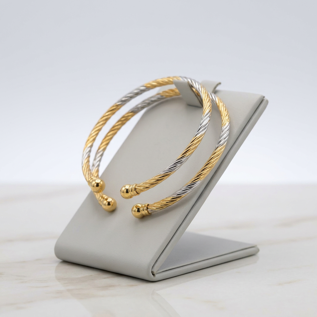 Dual-Tone Spiral Design Open-Ended Bracelet Set