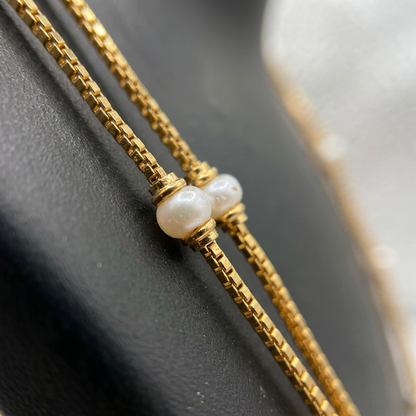 Double Layered Pearl Chain Necklace with Station Design
