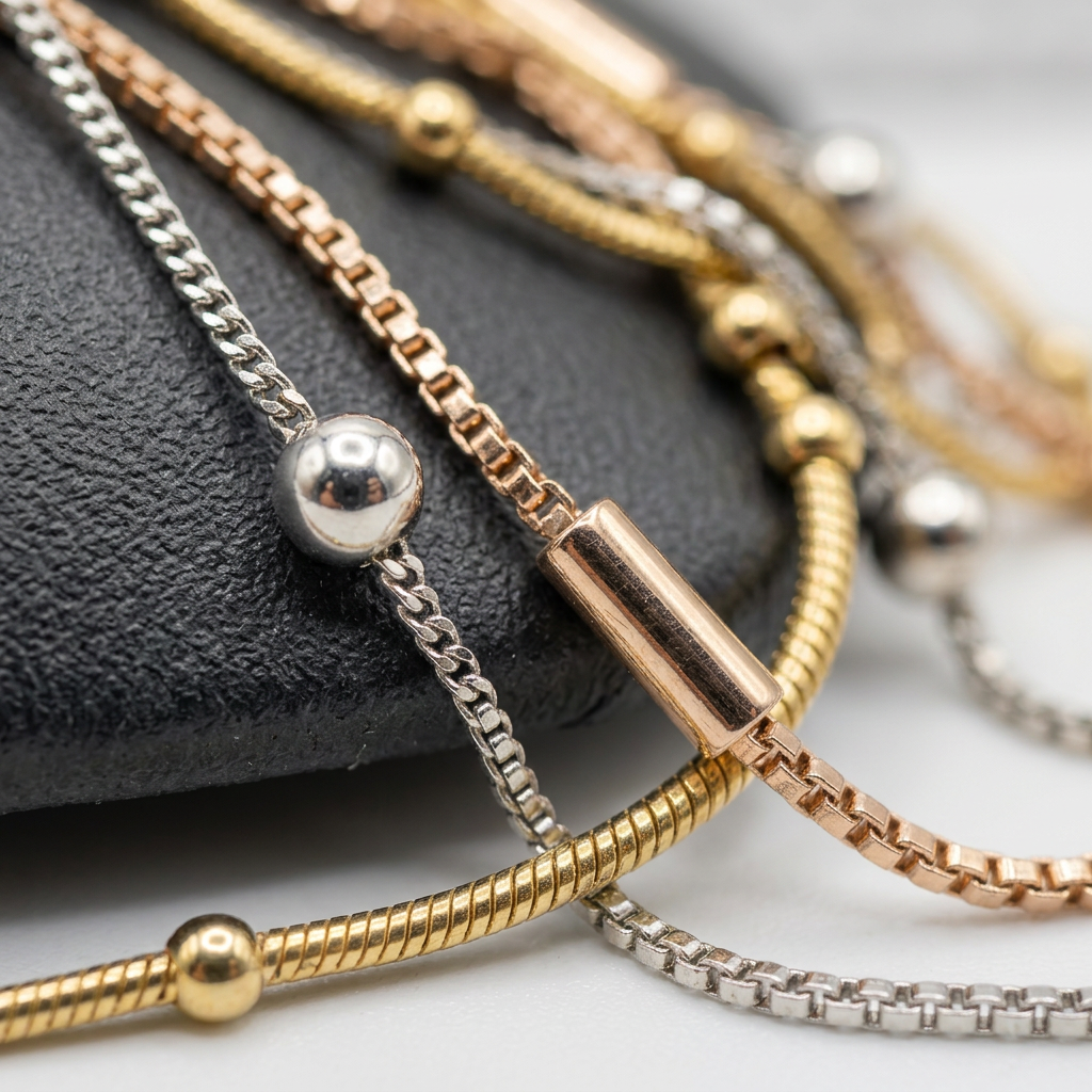Tri Tone Multi Layered Chain Necklace with Bead Accents