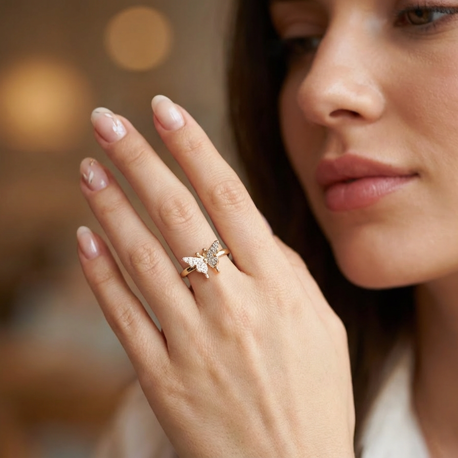 Adjustable Crystal Butterfly Ring with CZ Pave Design