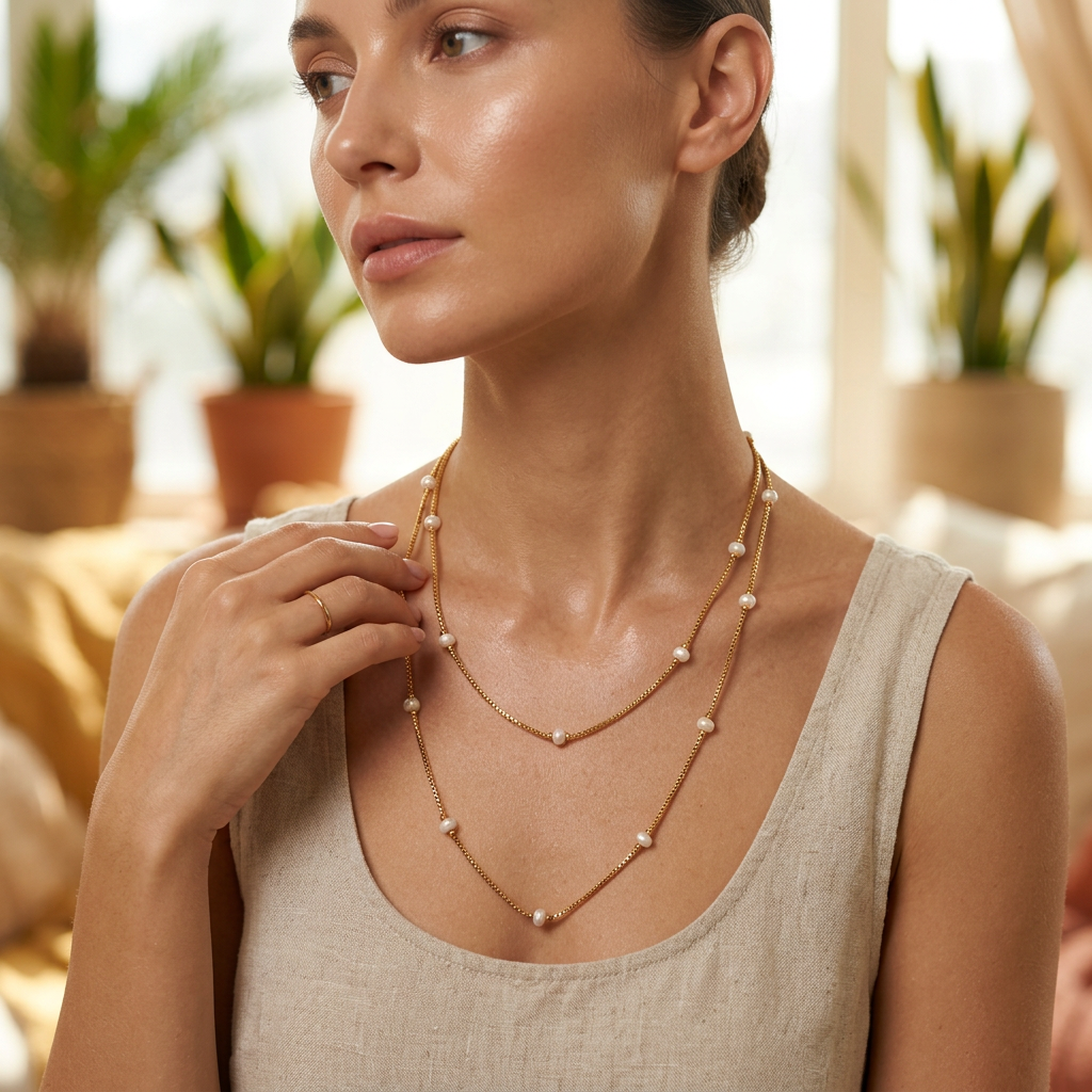 Double Layered Pearl Chain Necklace with Station Design