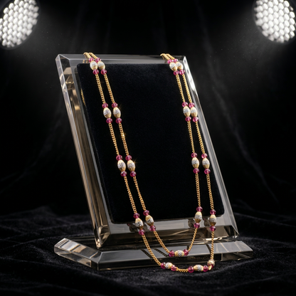 Double Layered Ruby Bead and CZ Necklace