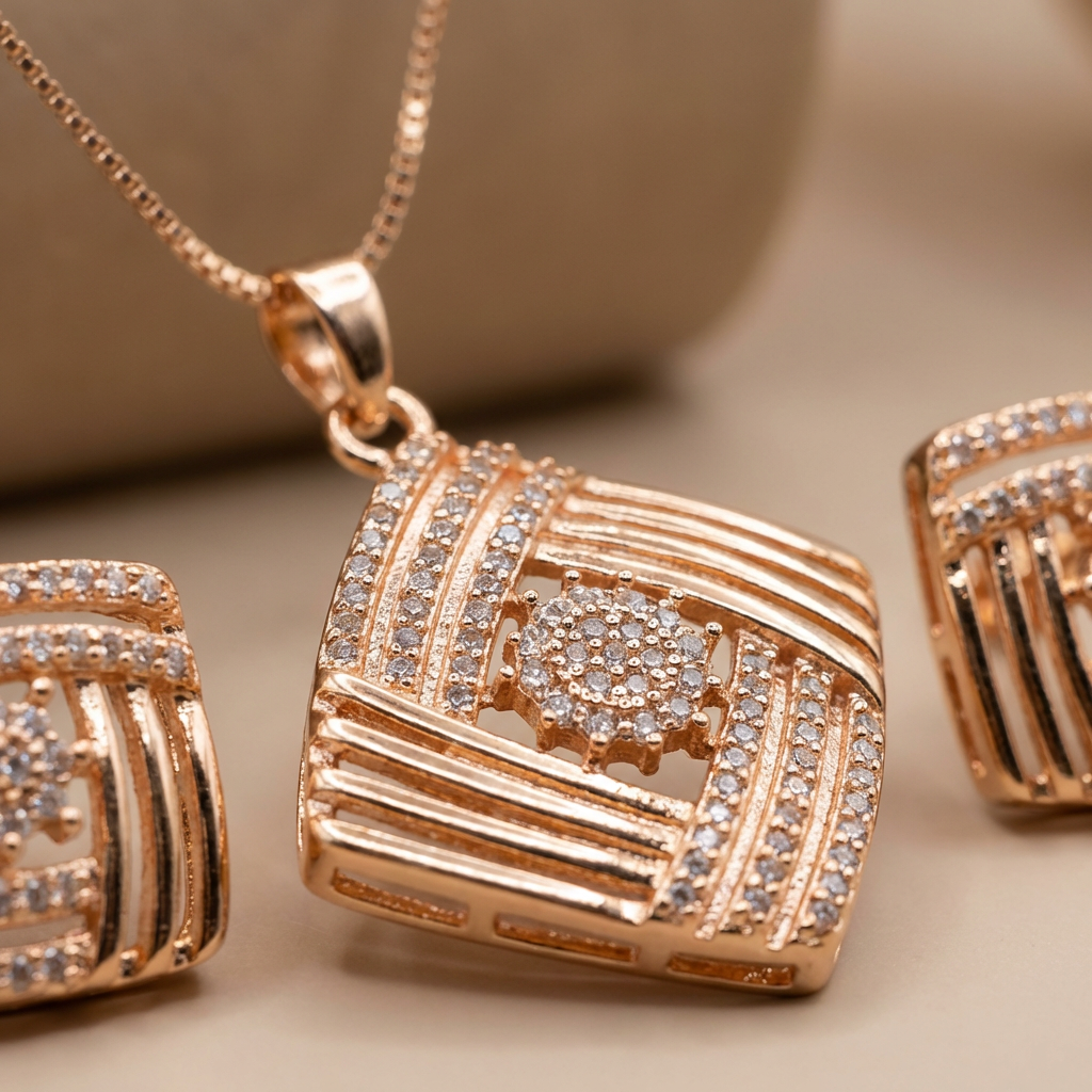 Geometric Square Pendant Set with Studs