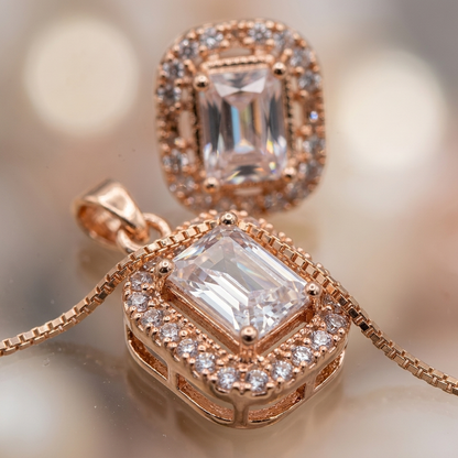 Emerald-Cut Pendant Set with Halo Detail