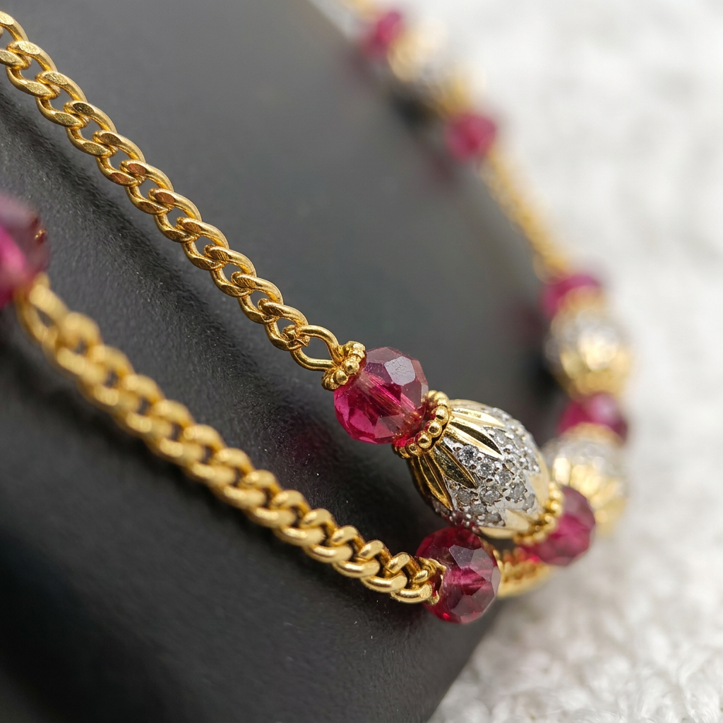 Double Layered Ruby Bead and CZ Necklace