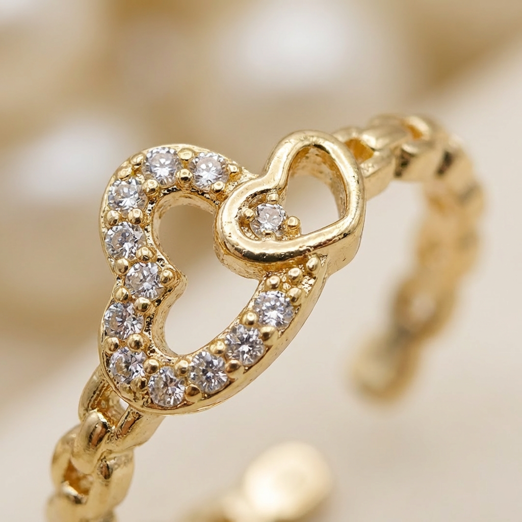 Adjustable Interlocking Heart Ring with CZ Accents