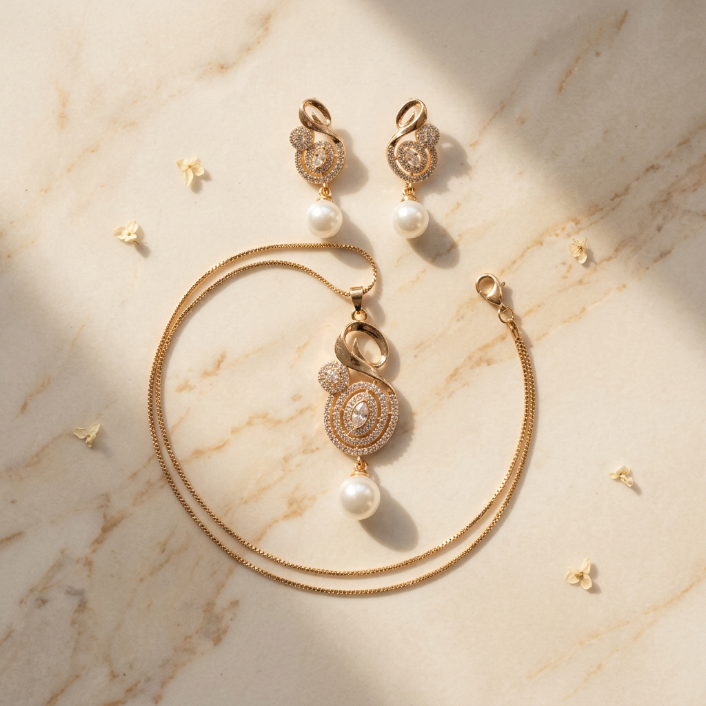 Abstract Swirl Pendant Set with Pearl Drop