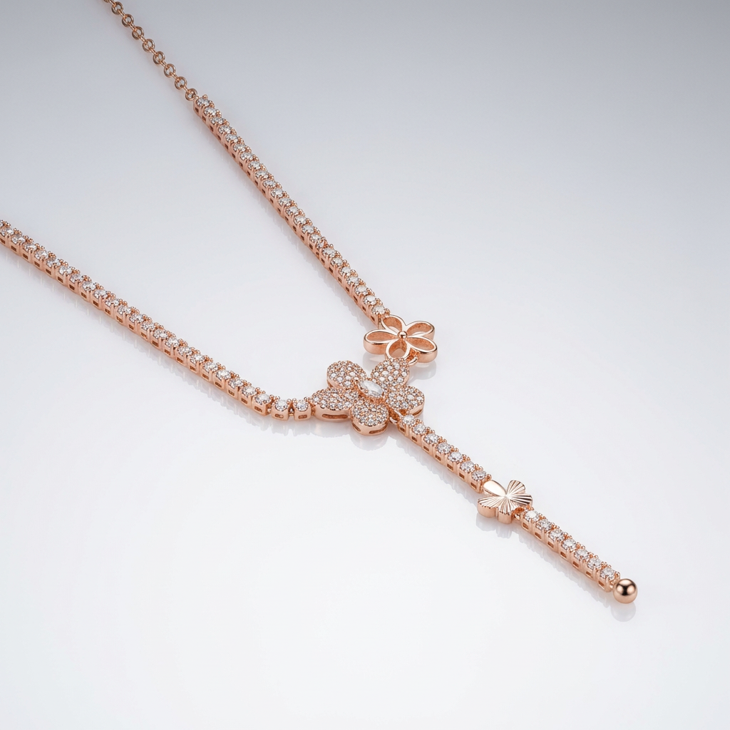 Floral Drop Lariat Necklace with Cascading Charm Design