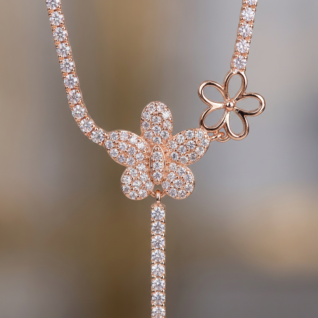 Floral Drop Lariat Necklace with Cascading Charm Design
