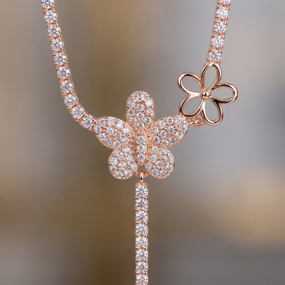 Floral Drop Lariat Necklace with Cascading Charm Design