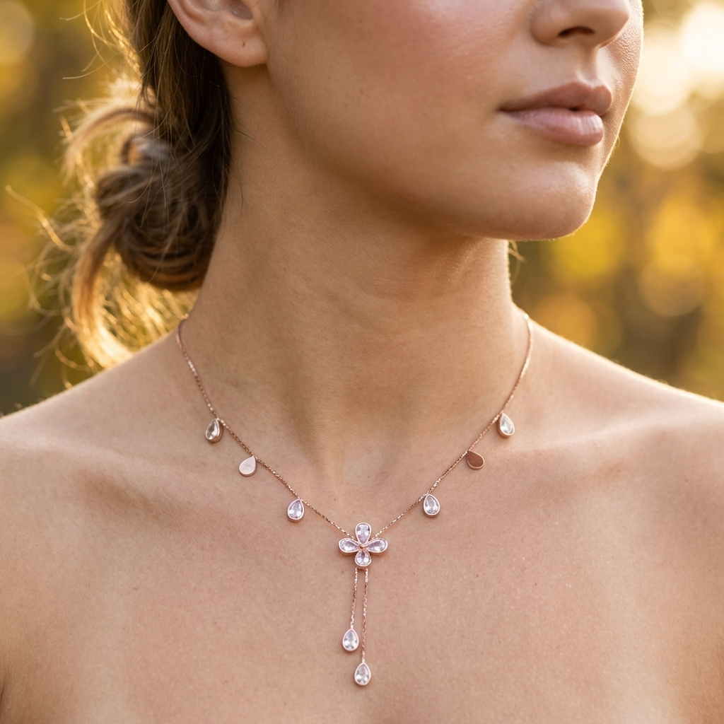 Floral Teardrop Station Lariat Necklace