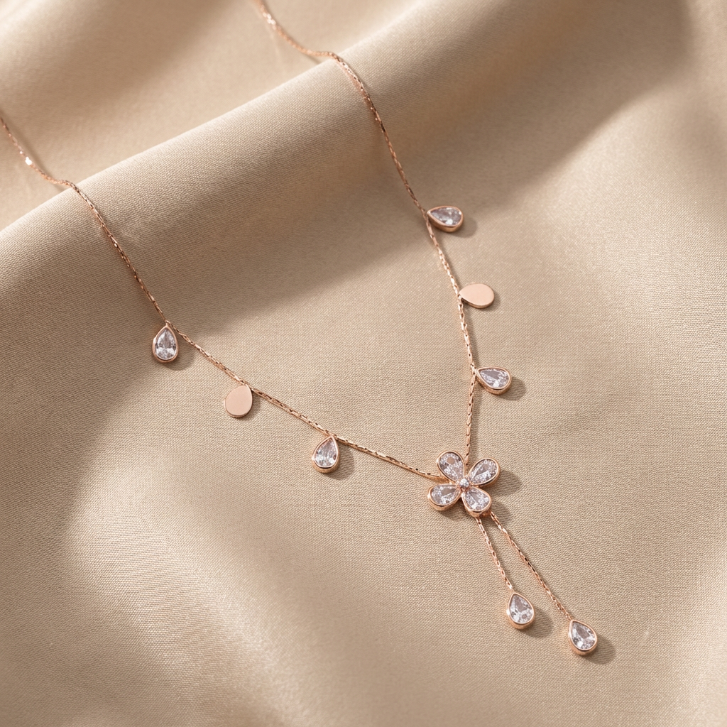 Floral Teardrop Station Lariat Necklace